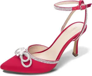 Rhinestone Bow Heels for Women, Slingback Kitten Heels Pumps Stilettos Satin, Closed Pointed Toe Ankle Strap Kitten Heel Sandals Formal Shoes for Wedding Bridal Party Evening Prom Dress Shoes