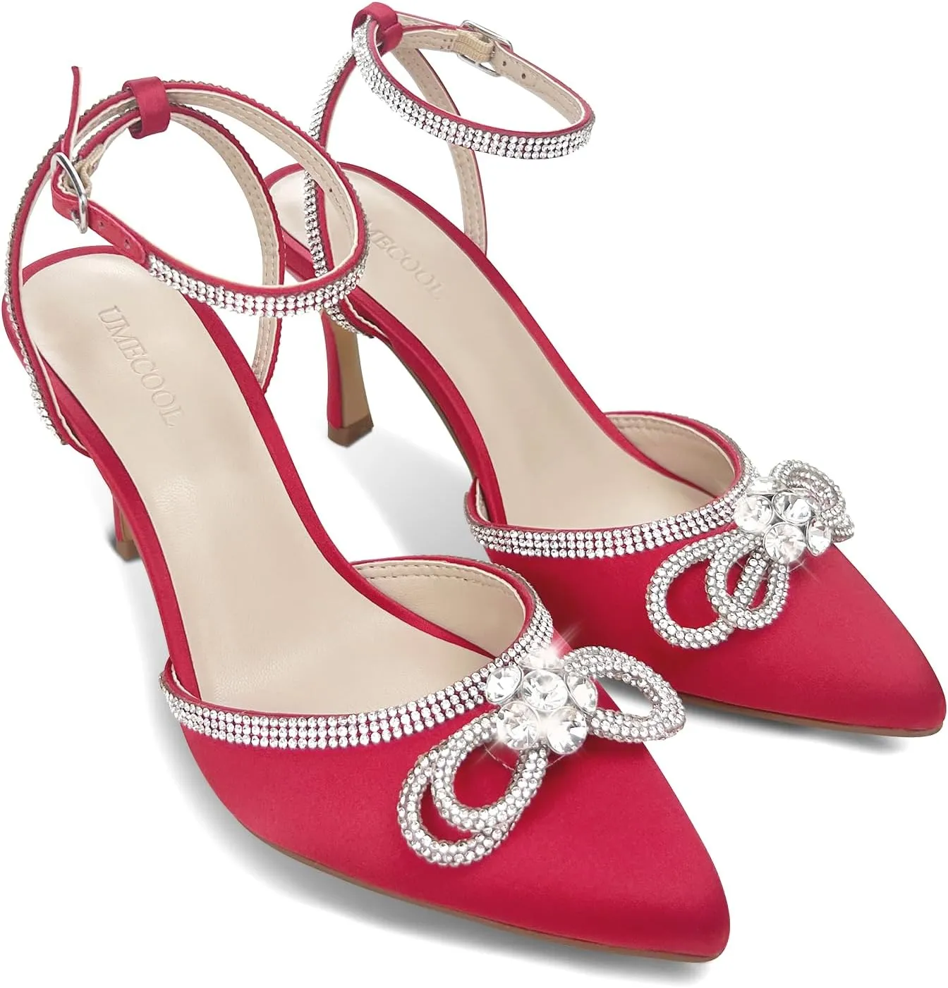 Rhinestone Bow Heels for Women, Slingback Kitten Heels Pumps Stilettos Satin, Closed Pointed Toe Ankle Strap Kitten Heel Sandals Formal Shoes for Wedding Bridal Party Evening Prom Dress Shoes