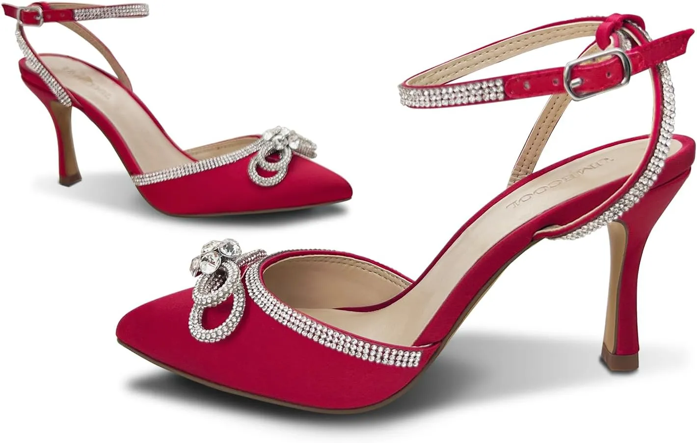 Rhinestone Bow Heels for Women, Slingback Kitten Heels Pumps Stilettos Satin, Closed Pointed Toe Ankle Strap Kitten Heel Sandals Formal Shoes for Wedding Bridal Party Evening Prom Dress Shoes