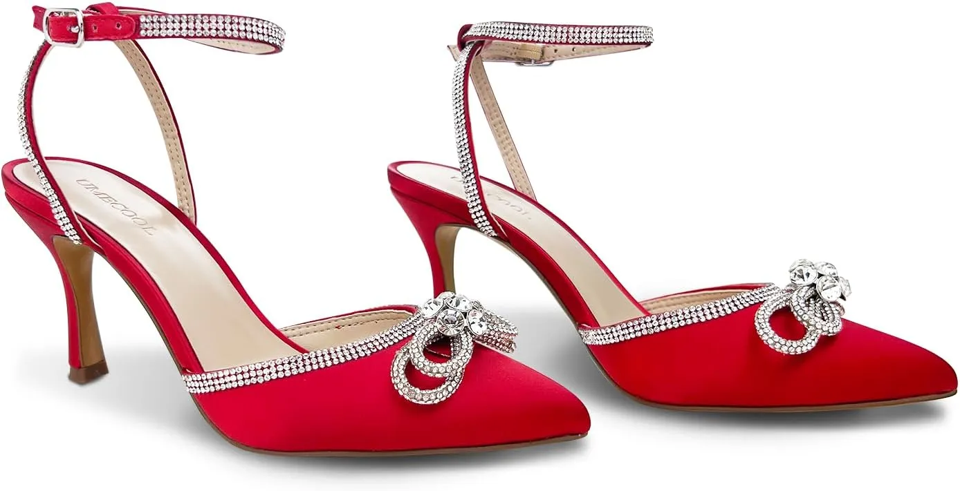 Rhinestone Bow Heels for Women, Slingback Kitten Heels Pumps Stilettos Satin, Closed Pointed Toe Ankle Strap Kitten Heel Sandals Formal Shoes for Wedding Bridal Party Evening Prom Dress Shoes