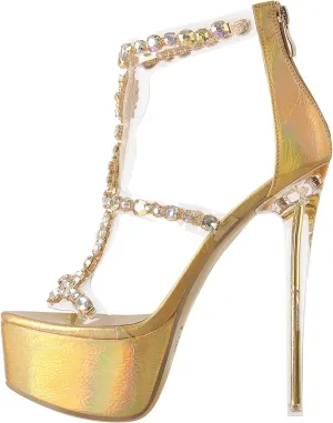 richealnini Women's Clear Heel Sandals Back Zipper Rhinestones Platform Heels Stilettos Ankle Strap Wedding Heels