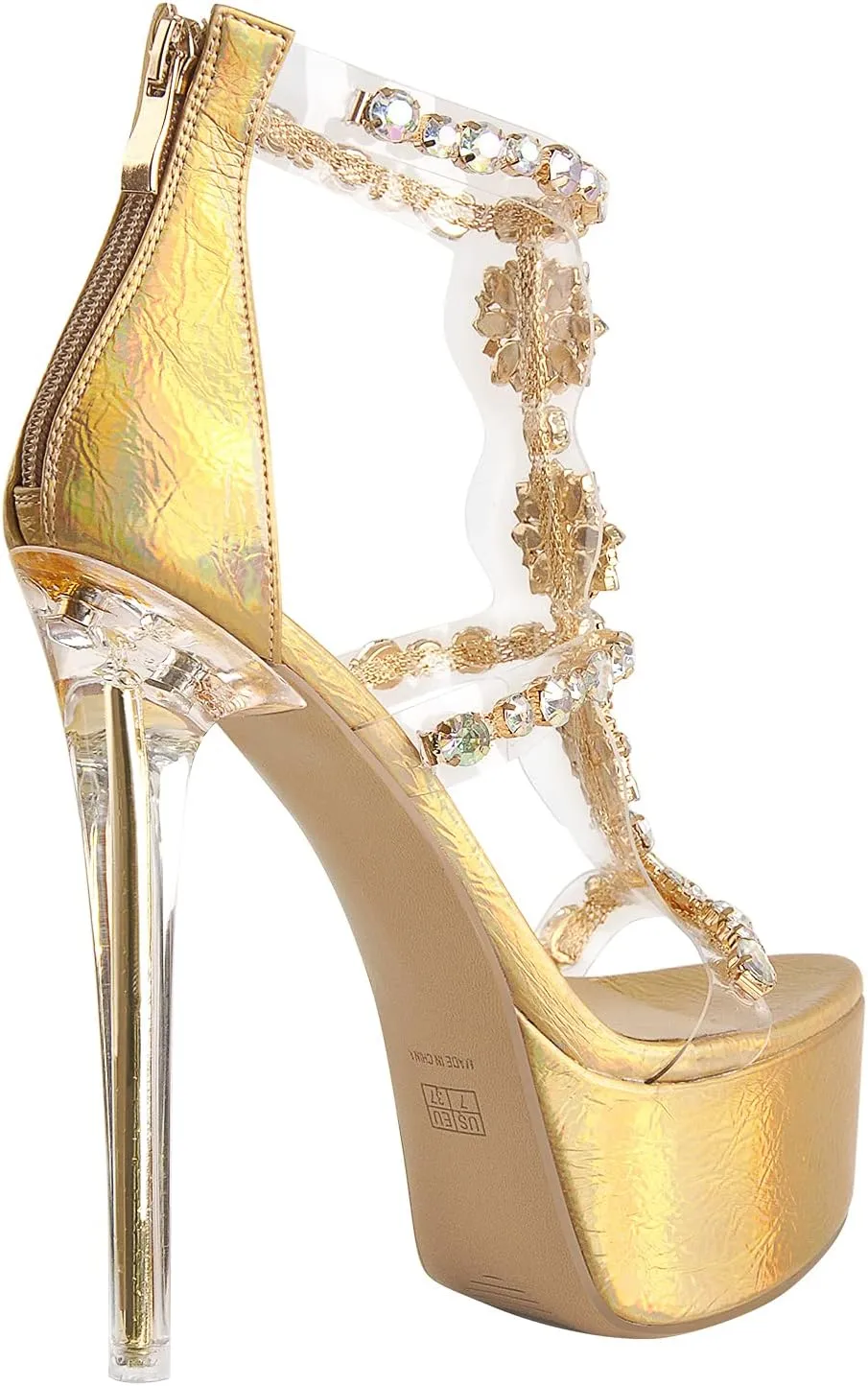 richealnini Women's Clear Heel Sandals Back Zipper Rhinestones Platform Heels Stilettos Ankle Strap Wedding Heels