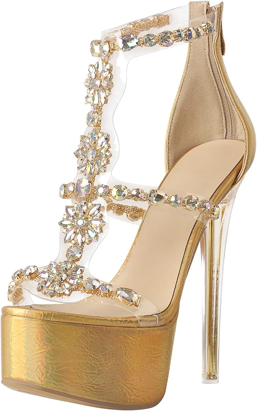 richealnini Women's Clear Heel Sandals Back Zipper Rhinestones Platform Heels Stilettos Ankle Strap Wedding Heels