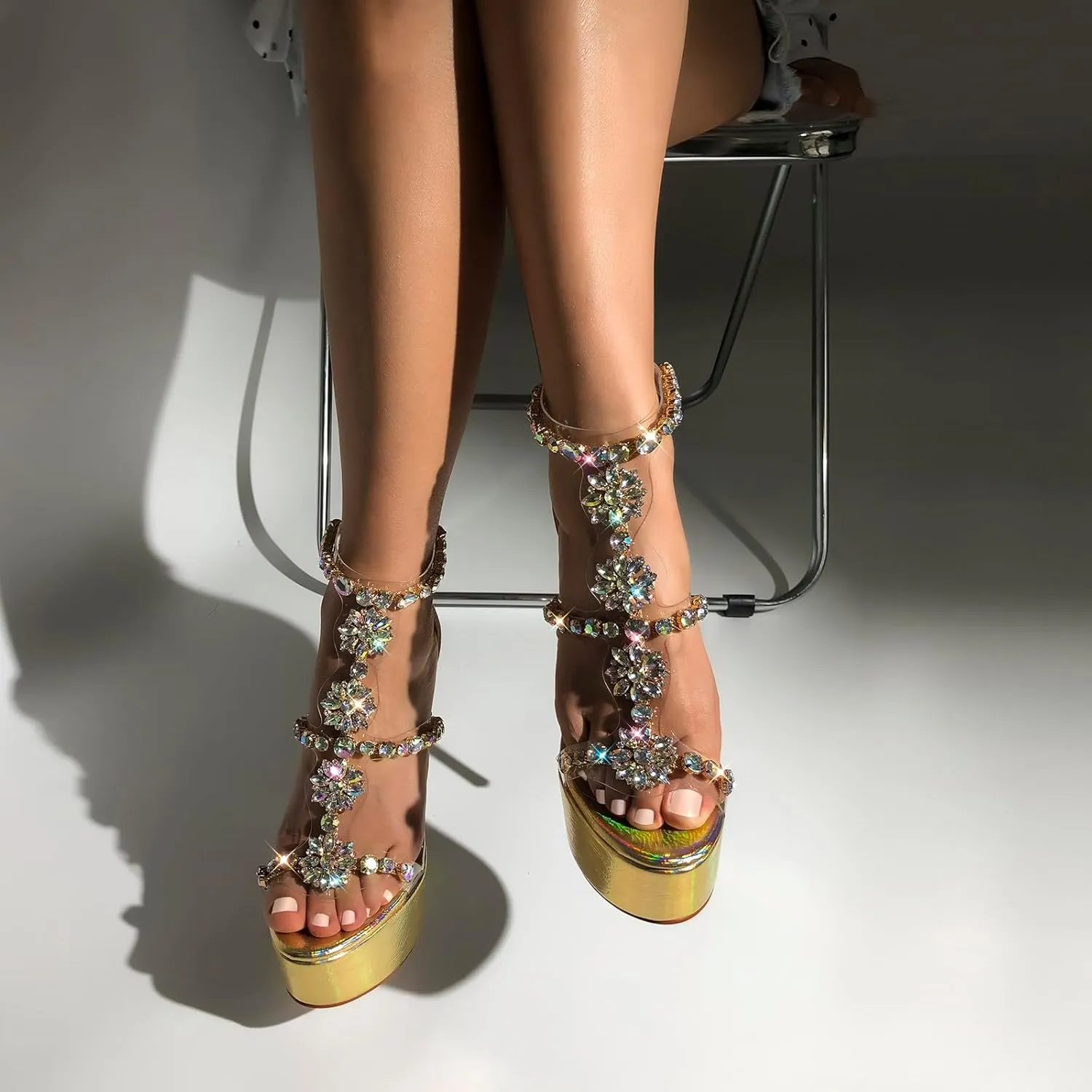 richealnini Women's Clear Heel Sandals Back Zipper Rhinestones Platform Heels Stilettos Ankle Strap Wedding Heels