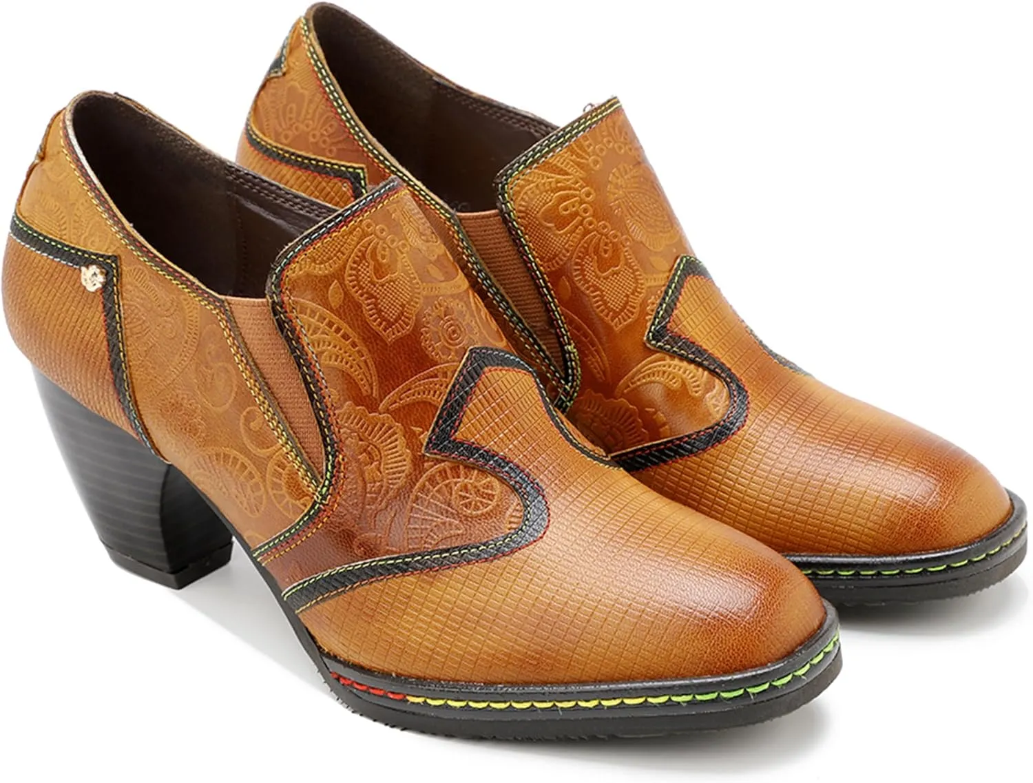 Riutiru Women's Handmade Lambskin Mary Jane Loafers Shoes, Retro Ethnic Print Style and Brock-Style Design