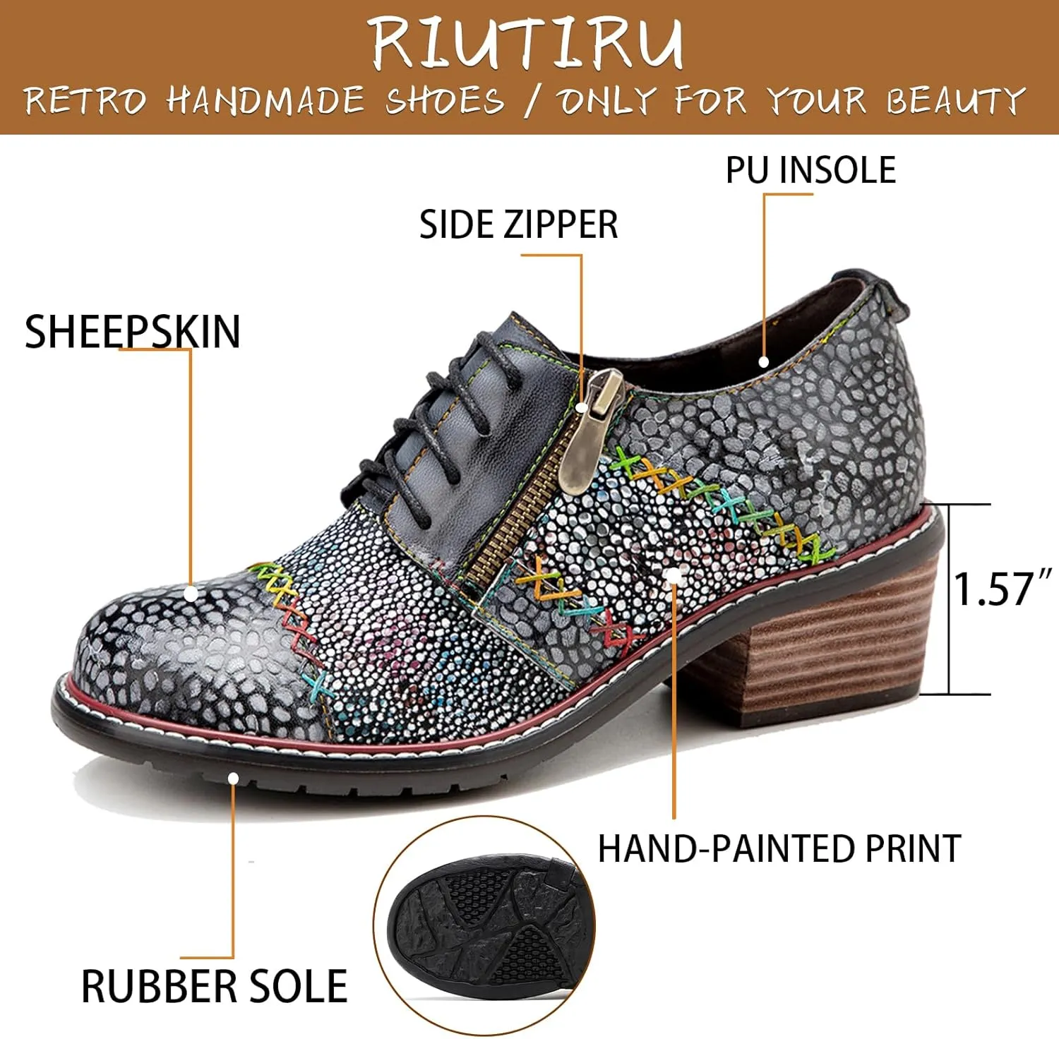 Riutiru Women's Handmade Lambskin Mary Jane Loafers Shoes, Retro Ethnic Print Style and Brock-Style Design