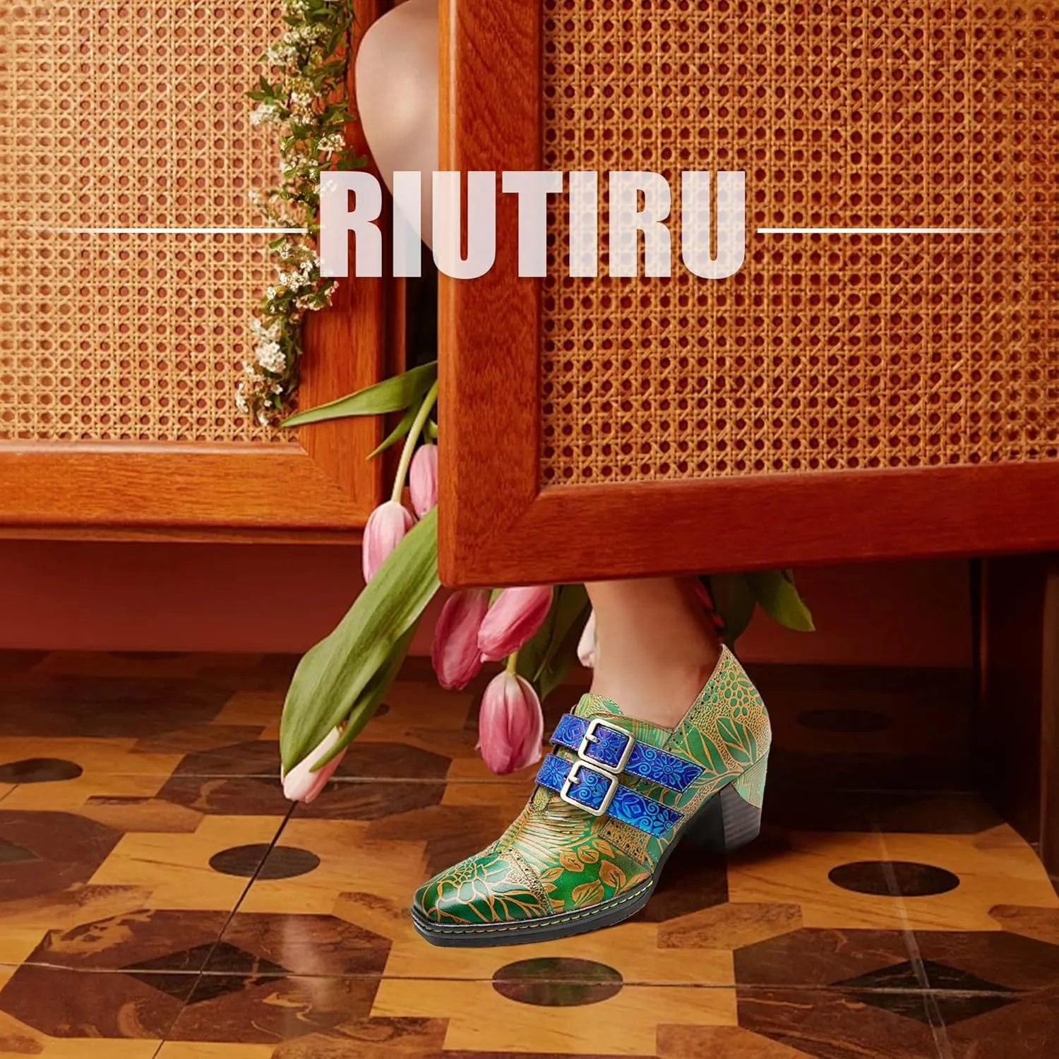 Riutiru Women's Handmade Lambskin Mary Jane Loafers Shoes, Retro Ethnic Print Style and Brock-Style Design