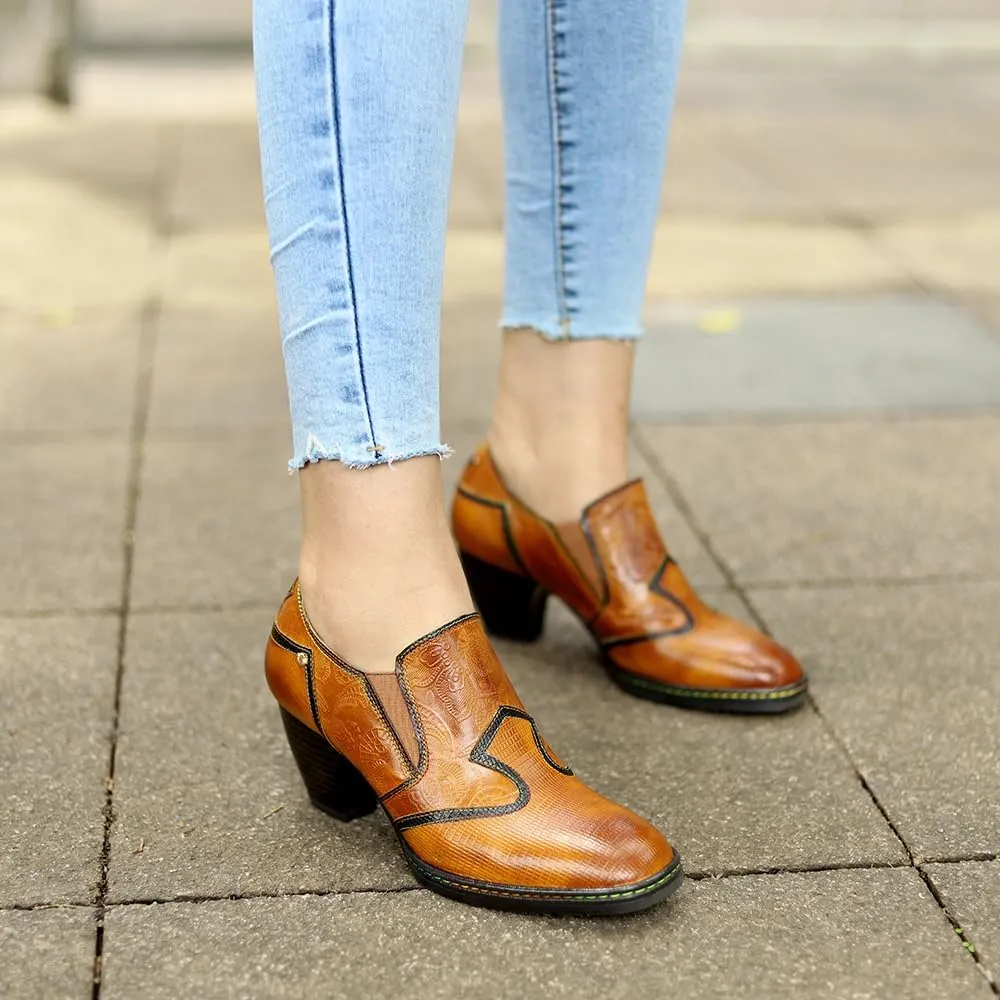 Riutiru Women's Handmade Lambskin Mary Jane Loafers Shoes, Retro Ethnic Print Style and Brock-Style Design