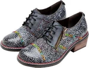 Riutiru Women's Handmade Lambskin Mary Jane Loafers Shoes, Retro Ethnic Print Style and Brock-Style Design