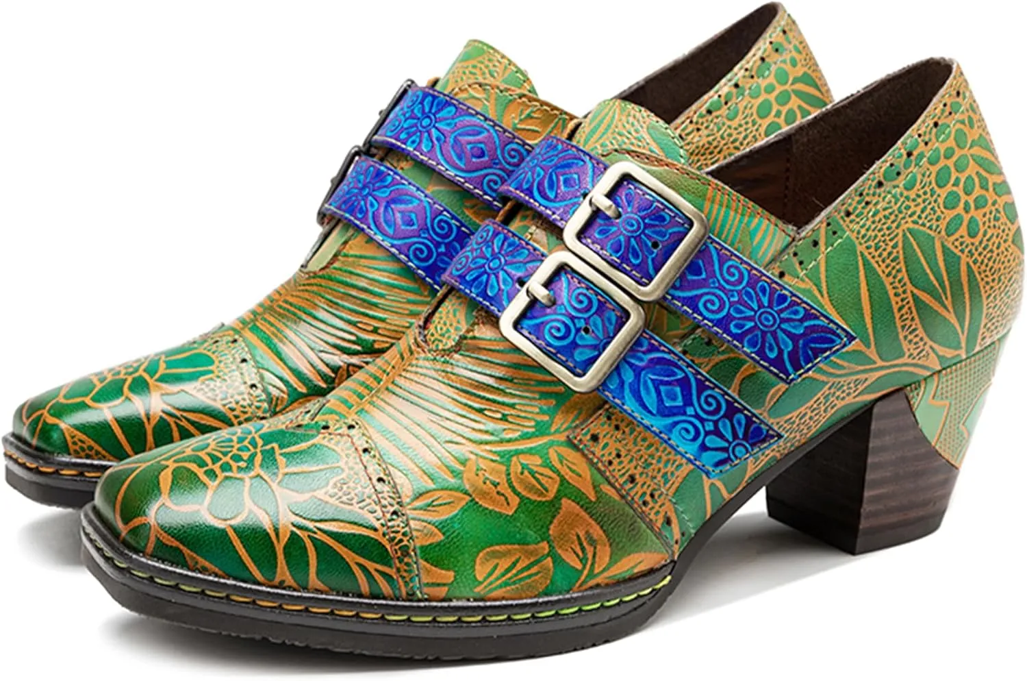 Riutiru Women's Handmade Lambskin Mary Jane Loafers Shoes, Retro Ethnic Print Style and Brock-Style Design