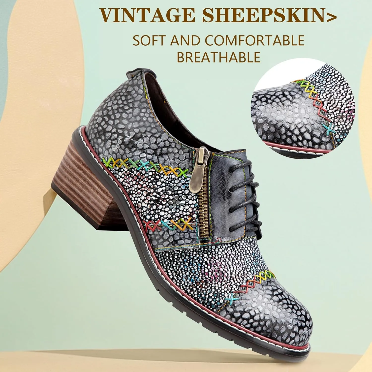 Riutiru Women's Handmade Lambskin Mary Jane Loafers Shoes, Retro Ethnic Print Style and Brock-Style Design