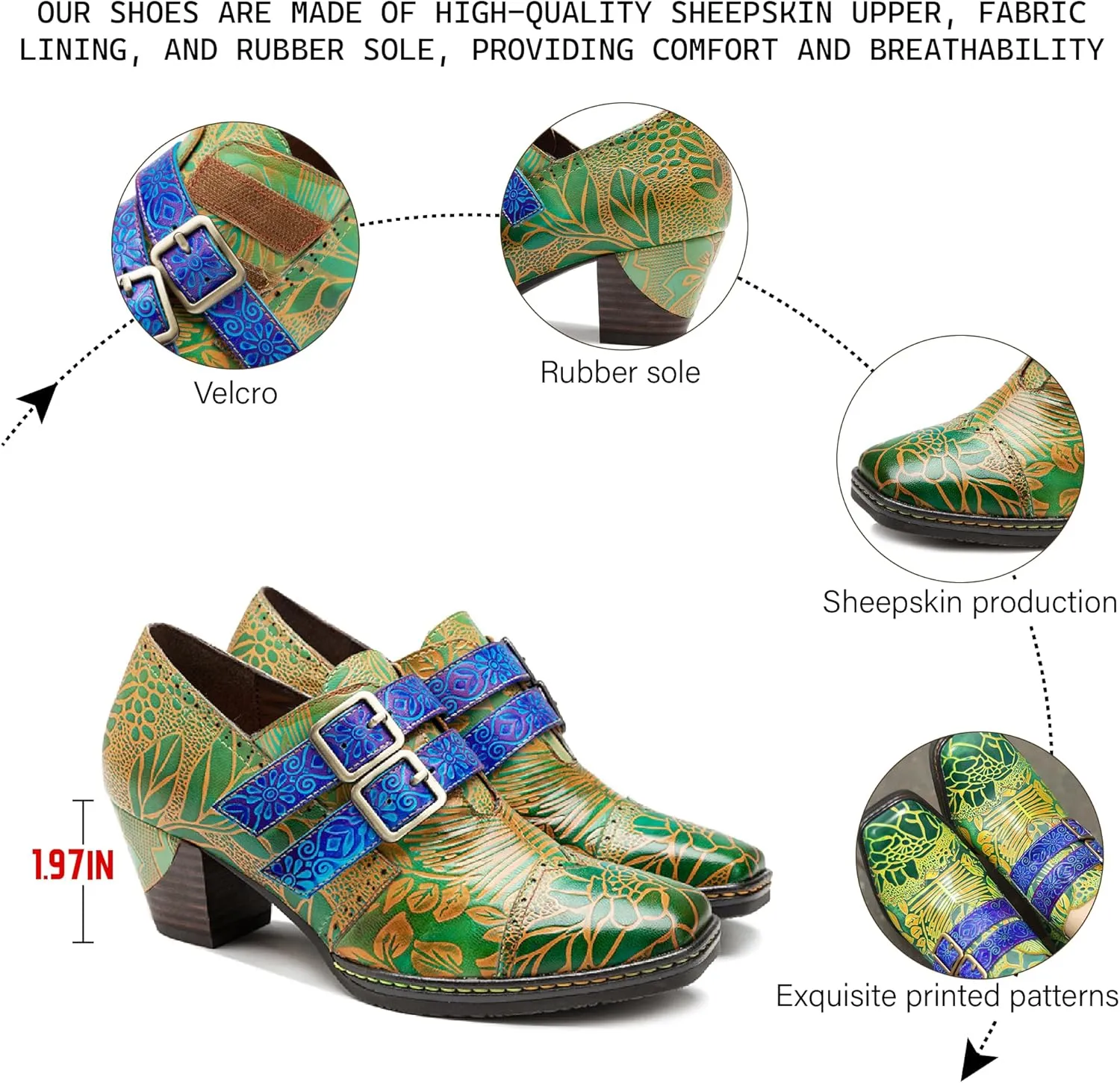 Riutiru Women's Handmade Lambskin Mary Jane Loafers Shoes, Retro Ethnic Print Style and Brock-Style Design