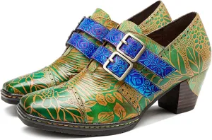 Riutiru Women's Handmade Lambskin Mary Jane Loafers Shoes, Retro Ethnic Print Style and Brock-Style Design