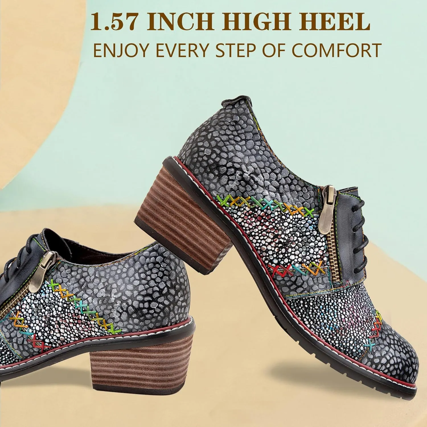 Riutiru Women's Handmade Lambskin Mary Jane Loafers Shoes, Retro Ethnic Print Style and Brock-Style Design