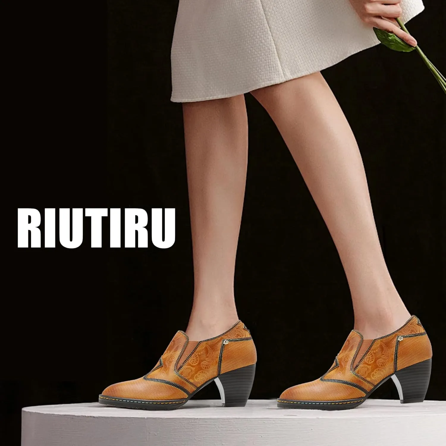 Riutiru Women's Handmade Lambskin Mary Jane Loafers Shoes, Retro Ethnic Print Style and Brock-Style Design