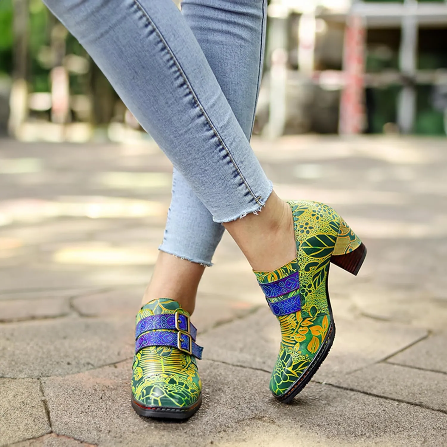 Riutiru Women's Handmade Lambskin Mary Jane Loafers Shoes, Retro Ethnic Print Style and Brock-Style Design