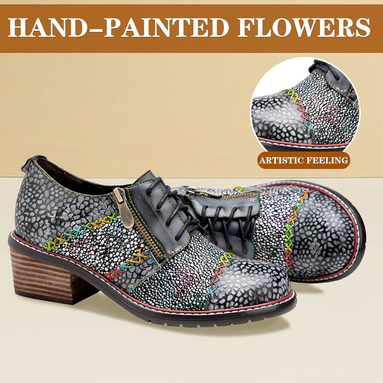 Riutiru Women's Handmade Lambskin Mary Jane Loafers Shoes, Retro Ethnic Print Style and Brock-Style Design