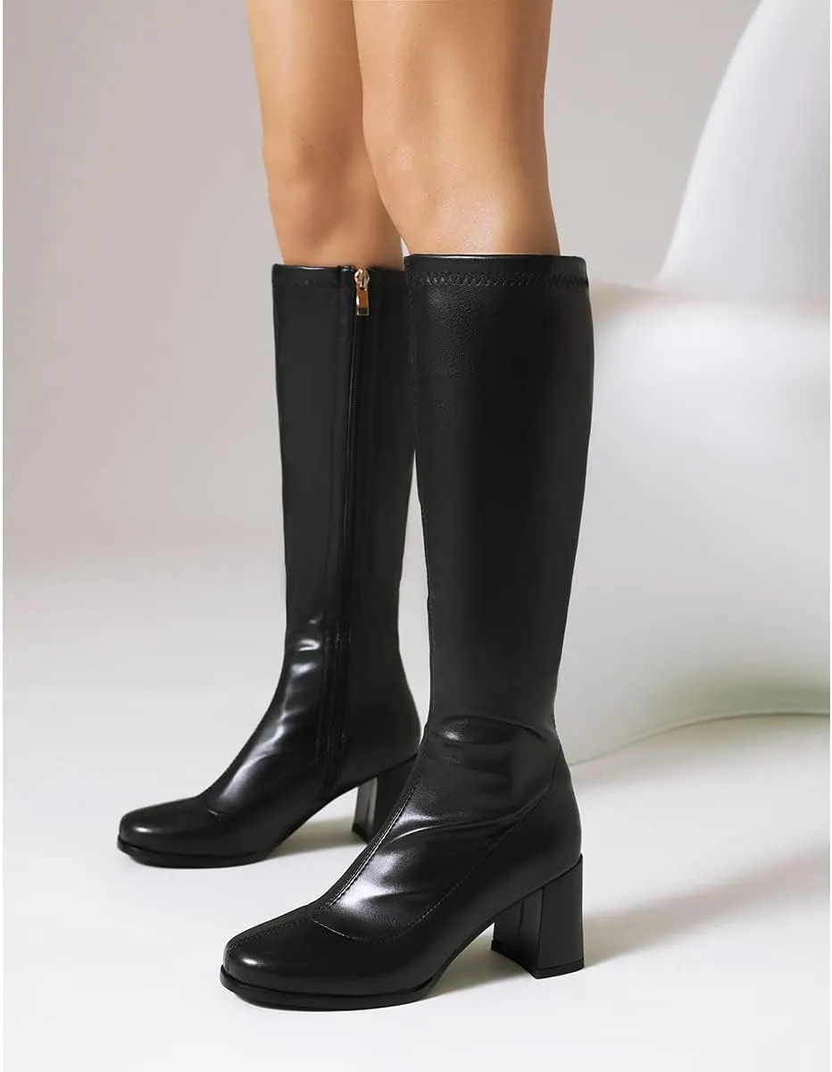 Roimaash Women Gogo Boots White Knee High 70s Boots