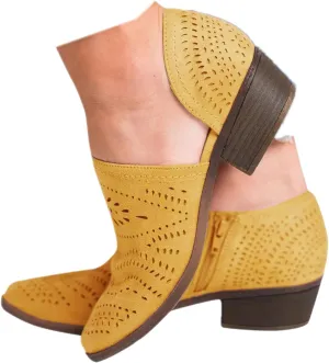 SACFOF Women's Ankle Boots Casual Cutout Booties Chunky Stacked Heel Perforated Side V Cut Western Shoes Slip-on Short Boots