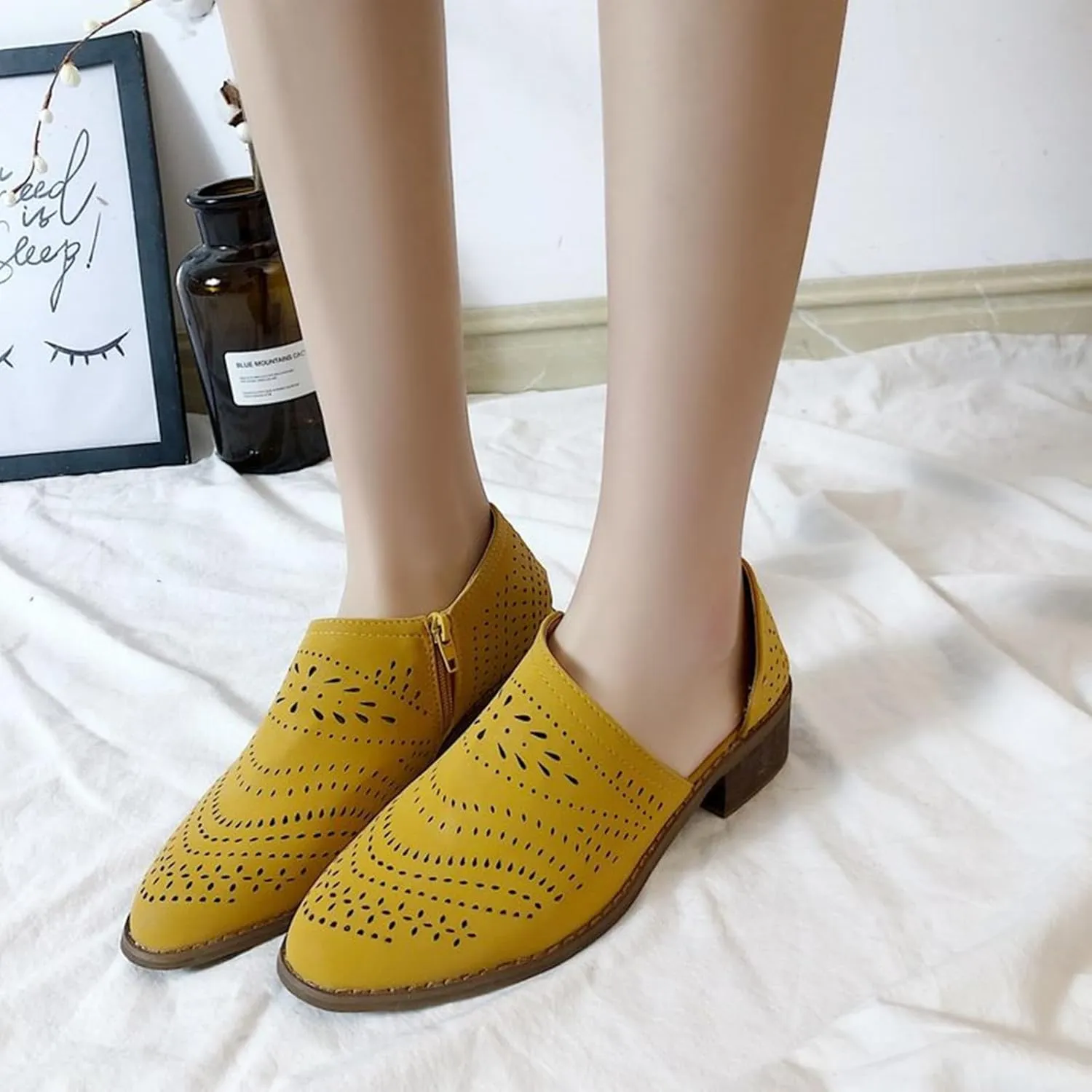 SACFOF Women's Ankle Boots Casual Cutout Booties Chunky Stacked Heel Perforated Side V Cut Western Shoes Slip-on Short Boots