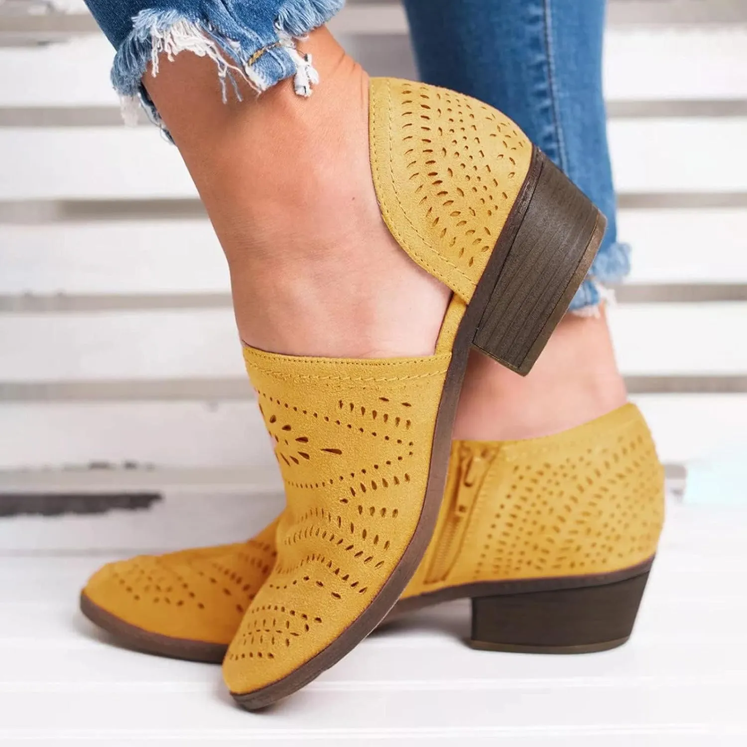 SACFOF Women's Ankle Boots Casual Cutout Booties Chunky Stacked Heel Perforated Side V Cut Western Shoes Slip-on Short Boots