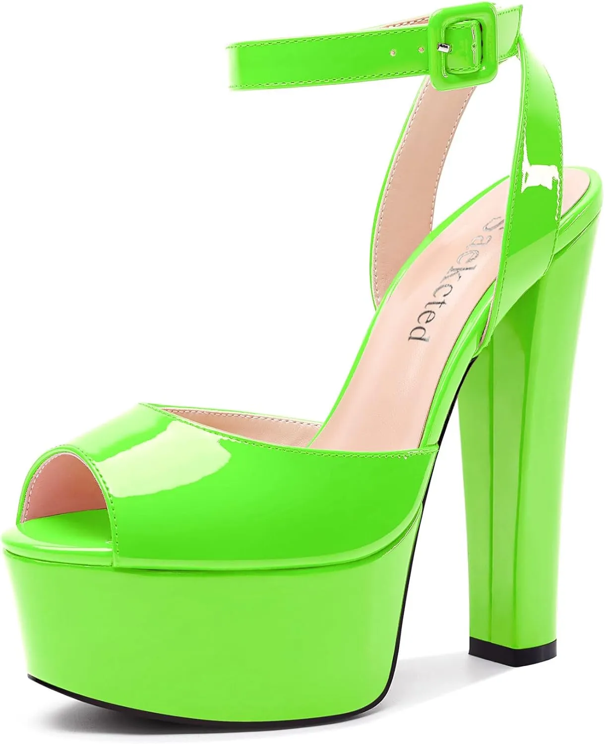 Saekcted Womens Chunky Block High Heel Peep Open Toe Platform Sandals Ankle Strap Buckle Dress Shoes Prom Party 5.9 Inches Heels