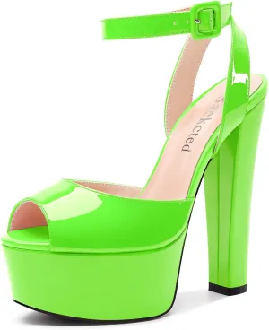 Saekcted Womens Chunky Block High Heel Peep Open Toe Platform Sandals Ankle Strap Buckle Dress Shoes Prom Party 5.9 Inches Heels