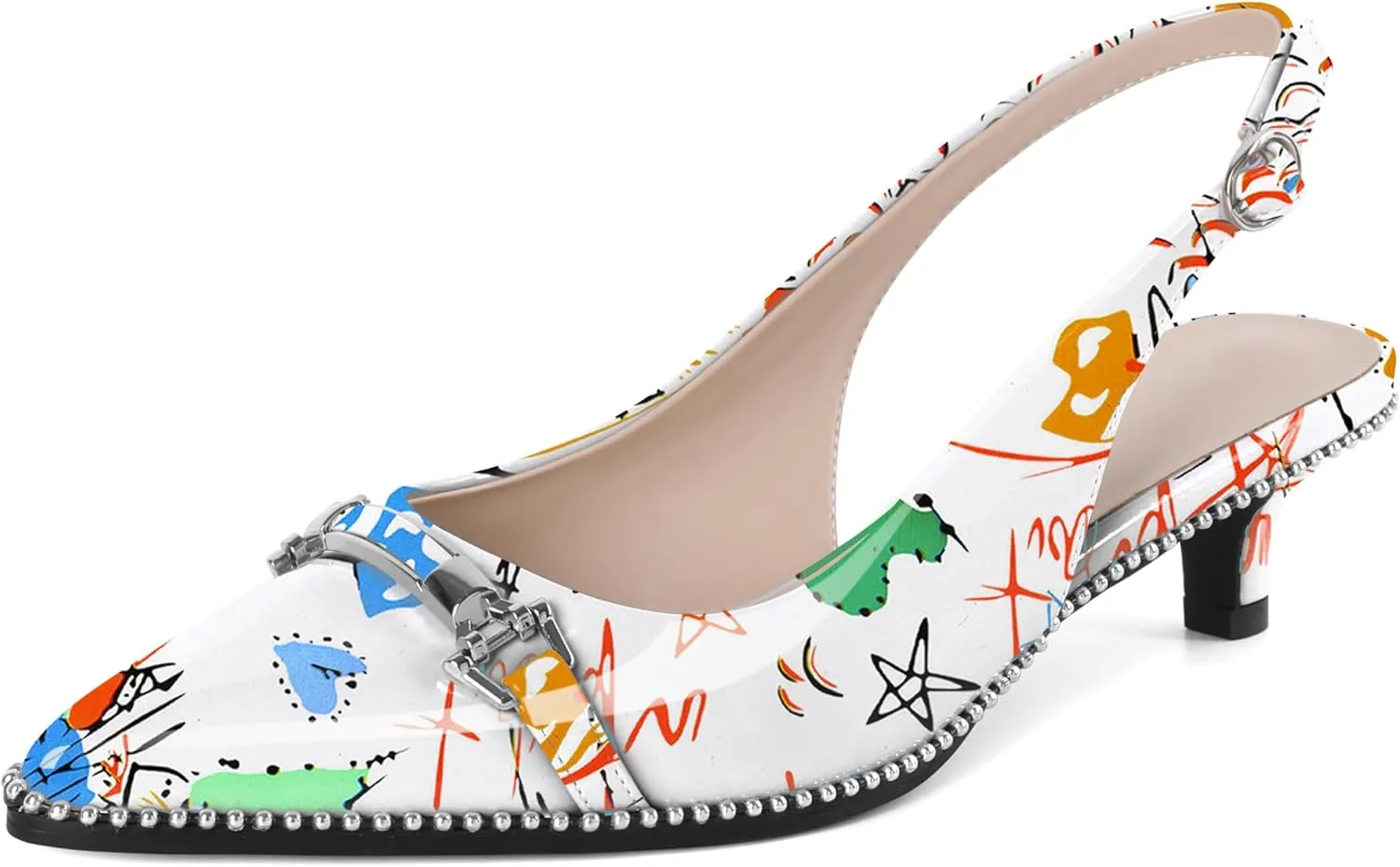 SAMMITOP Slingback Kitten Heels Low Heel Beaded Pumps Pointed Toe with Buckle Strap Heeled Sandals Wedding Party Office Dress Shoes 1.6 Inch
