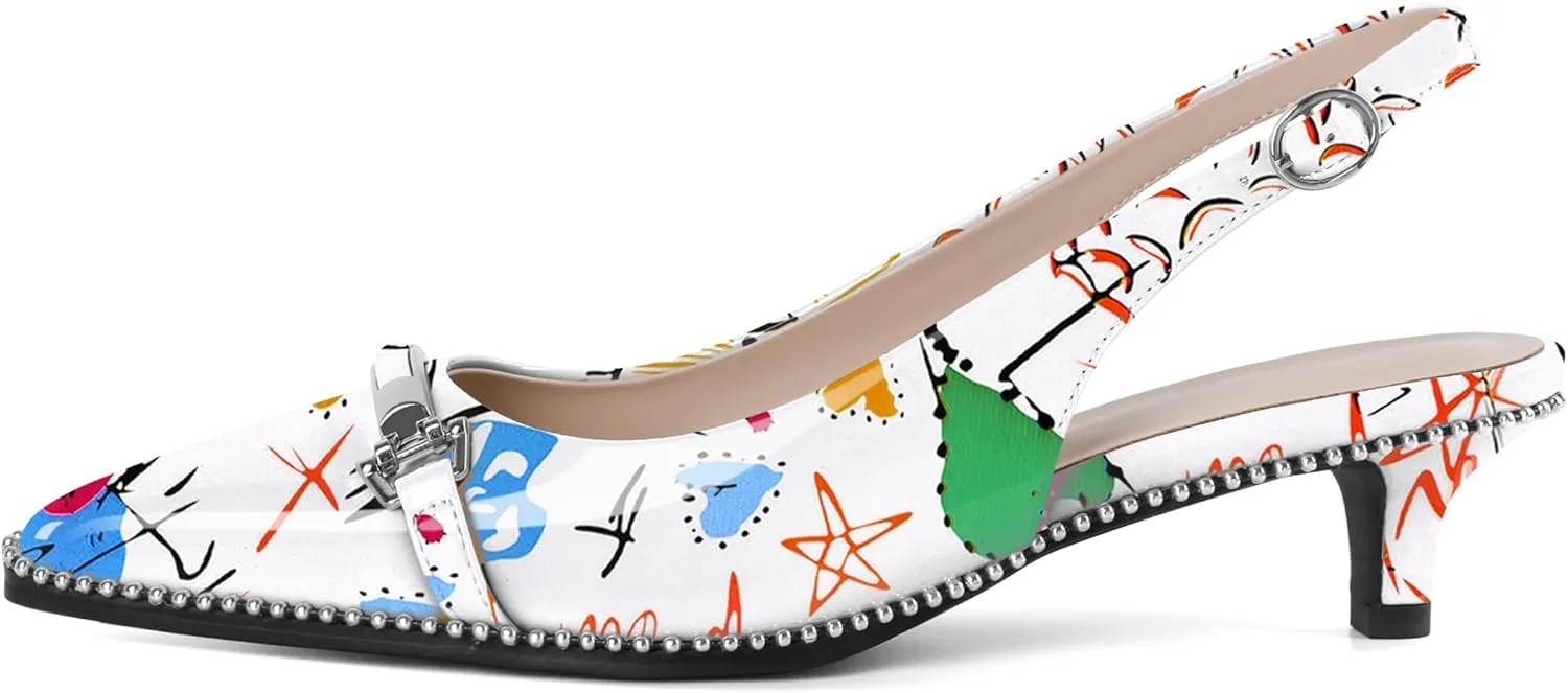 SAMMITOP Slingback Kitten Heels Low Heel Beaded Pumps Pointed Toe with Buckle Strap Heeled Sandals Wedding Party Office Dress Shoes 1.6 Inch