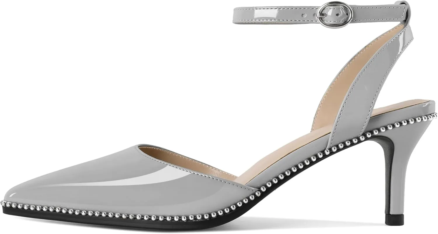 SAMMITOP Womens Slingback Kitten Heels Pointed Toe Low Heel Ankle Strap Pumps Slip On Comfortable Wedding Party Beaded Dress Shoes 2.4 Inch