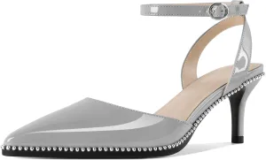 SAMMITOP Womens Slingback Kitten Heels Pointed Toe Low Heel Ankle Strap Pumps Slip On Comfortable Wedding Party Beaded Dress Shoes 2.4 Inch