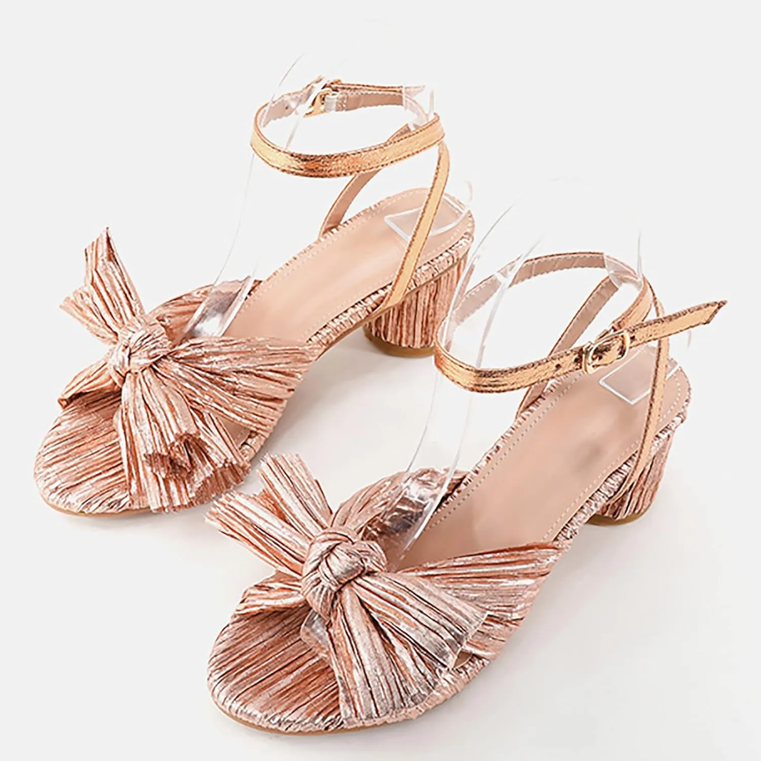 Sandals Women Bow Knot Heeled Sandals Open Toe High Block Heels Ankle Strap Chunky Heels Bride Wedding Shoes