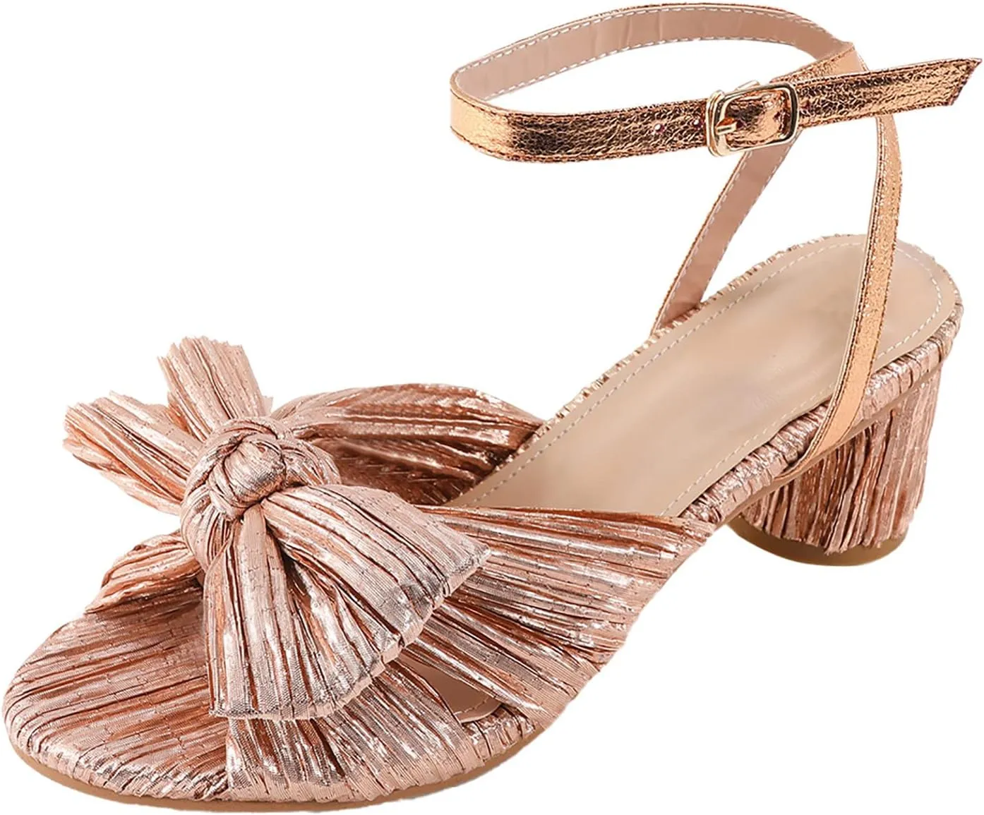 Sandals Women Bow Knot Heeled Sandals Open Toe High Block Heels Ankle Strap Chunky Heels Bride Wedding Shoes