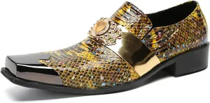 Santimon Mens Loafers Dress Casual Slip On Genuine Leather Yellow Gemstone Mocassins Snakeskin Texture Metal-Square Toe Penny Loafers Prom Wedding Western Party Disco Tuxedo Shoes for Mens