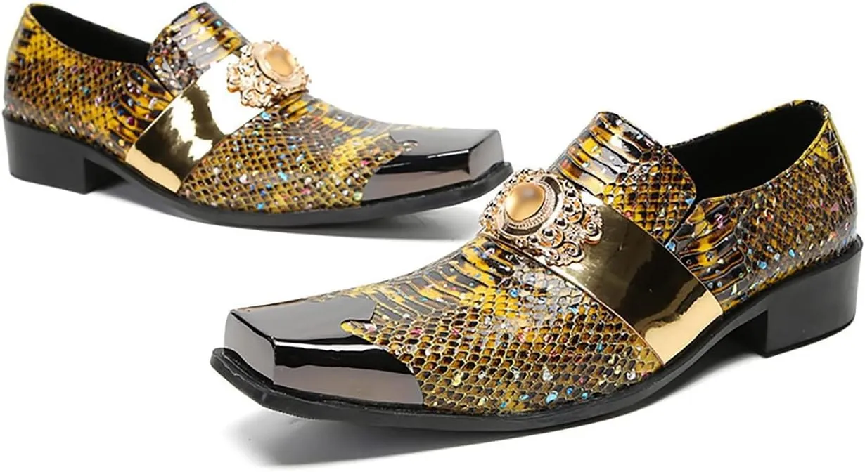 Santimon Mens Loafers Dress Casual Slip On Genuine Leather Yellow Gemstone Mocassins Snakeskin Texture Metal-Square Toe Penny Loafers Prom Wedding Western Party Disco Tuxedo Shoes for Mens