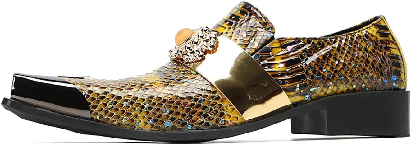 Santimon Mens Loafers Dress Casual Slip On Genuine Leather Yellow Gemstone Mocassins Snakeskin Texture Metal-Square Toe Penny Loafers Prom Wedding Western Party Disco Tuxedo Shoes for Mens