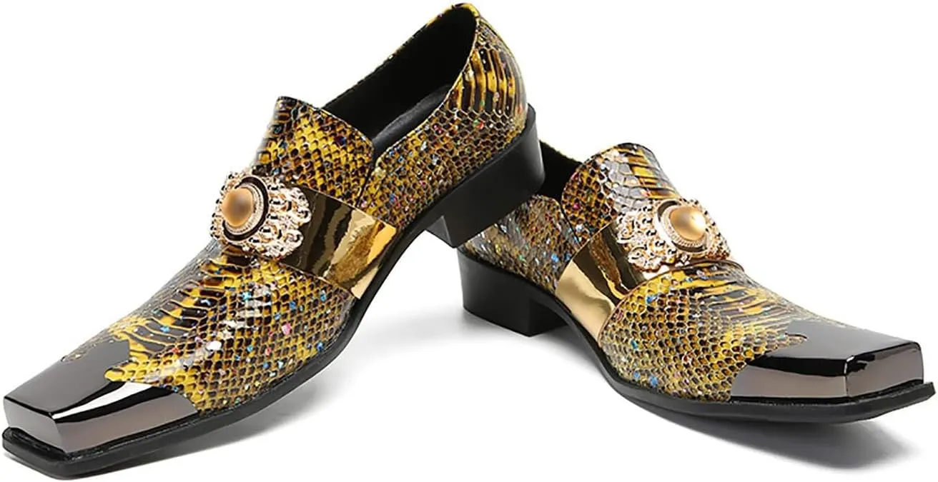 Santimon Mens Loafers Dress Casual Slip On Genuine Leather Yellow Gemstone Mocassins Snakeskin Texture Metal-Square Toe Penny Loafers Prom Wedding Western Party Disco Tuxedo Shoes for Mens