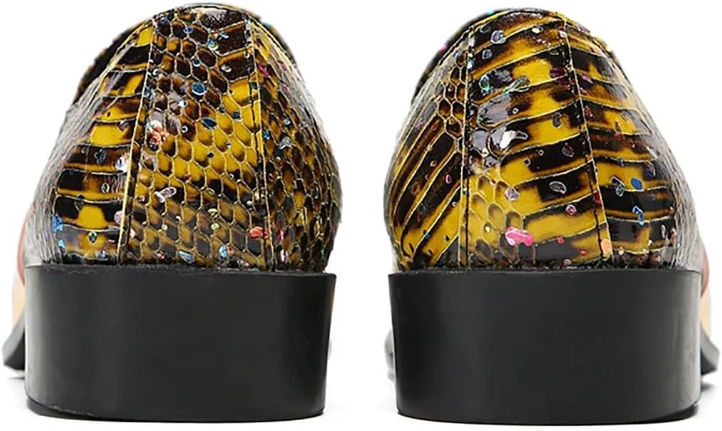 Santimon Mens Loafers Dress Casual Slip On Genuine Leather Yellow Gemstone Mocassins Snakeskin Texture Metal-Square Toe Penny Loafers Prom Wedding Western Party Disco Tuxedo Shoes for Mens