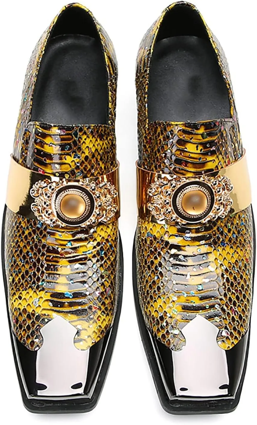 Santimon Mens Loafers Dress Casual Slip On Genuine Leather Yellow Gemstone Mocassins Snakeskin Texture Metal-Square Toe Penny Loafers Prom Wedding Western Party Disco Tuxedo Shoes for Mens
