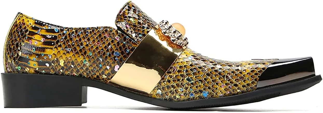 Santimon Mens Loafers Dress Casual Slip On Genuine Leather Yellow Gemstone Mocassins Snakeskin Texture Metal-Square Toe Penny Loafers Prom Wedding Western Party Disco Tuxedo Shoes for Mens