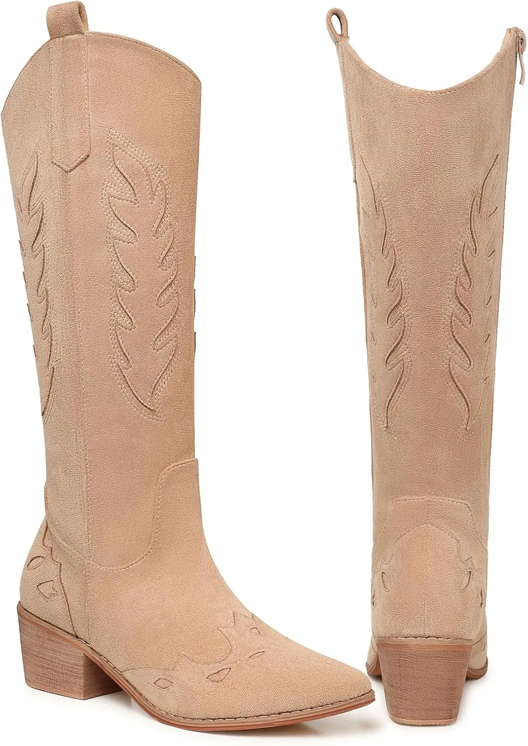 SHIBEVER Cowboy Boots for Women Knee High Suede Pointed Toe Cowgirl Boots Embroidered Pull-On Chunky Heel Western Boots