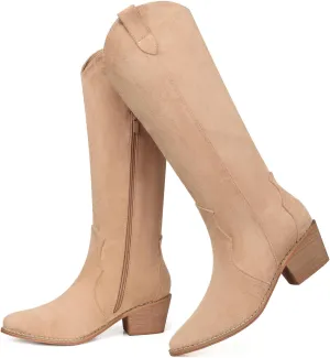 SHIBEVER Cowboy Boots for Women Knee High Suede Pointed Toe Cowgirl Boots Embroidered Pull-On Chunky Heel Western Boots