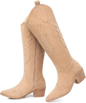 SHIBEVER Cowboy Boots for Women Knee High Suede Pointed Toe Cowgirl Boots Embroidered Pull-On Chunky Heel Western Boots