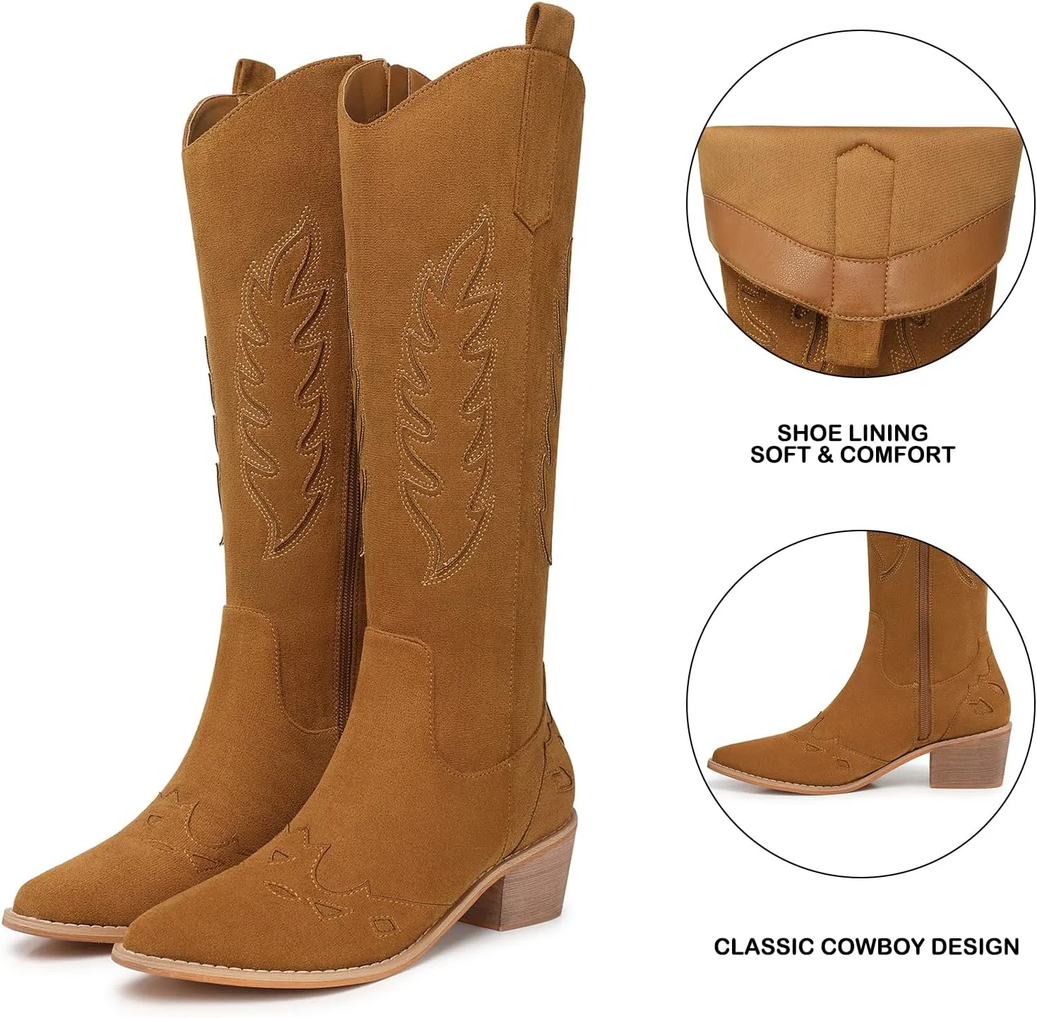 SHIBEVER Cowboy Boots for Women Knee High Suede Pointed Toe Cowgirl Boots Embroidered Pull-On Chunky Heel Western Boots