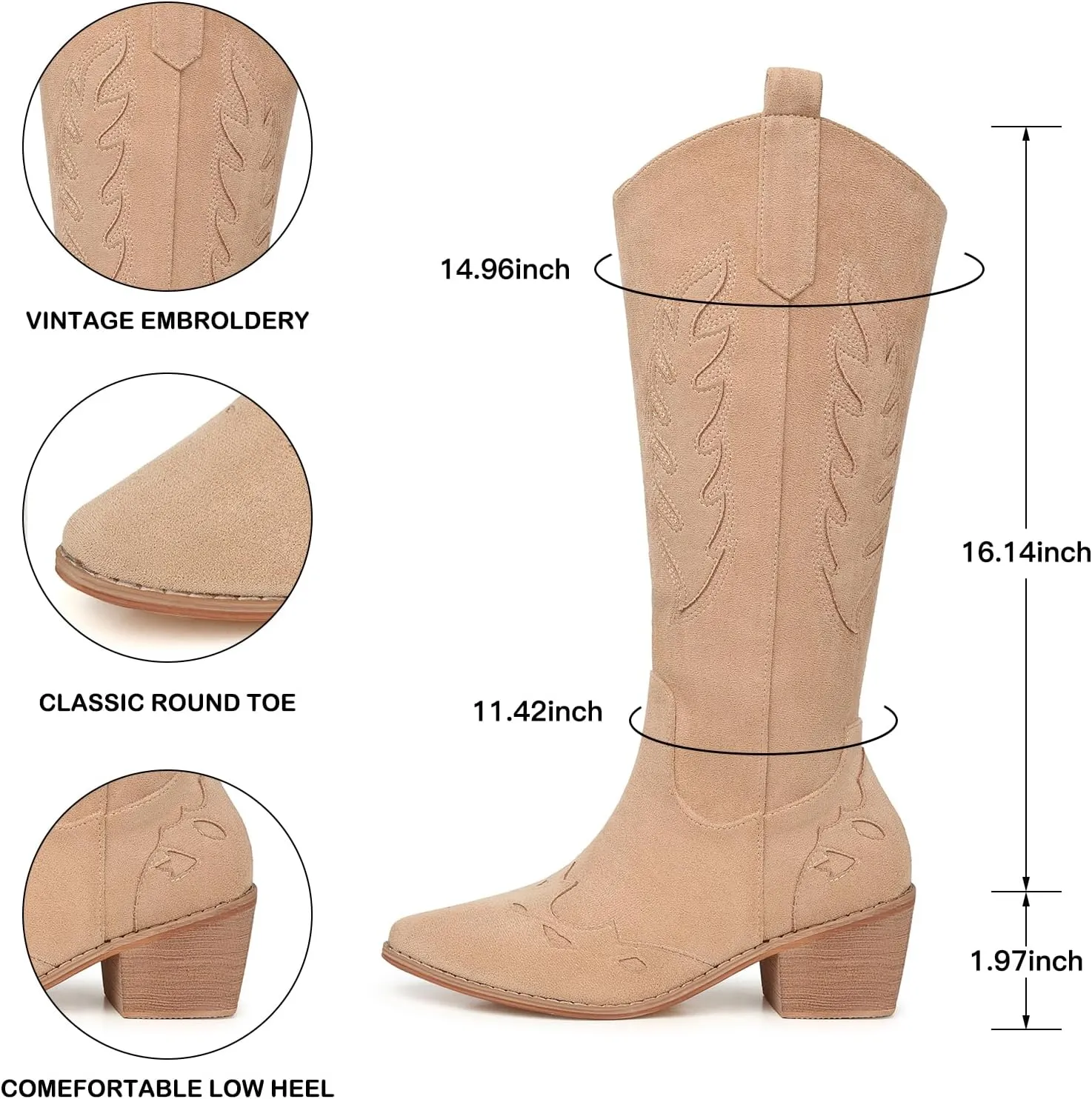SHIBEVER Cowboy Boots for Women Knee High Suede Pointed Toe Cowgirl Boots Embroidered Pull-On Chunky Heel Western Boots