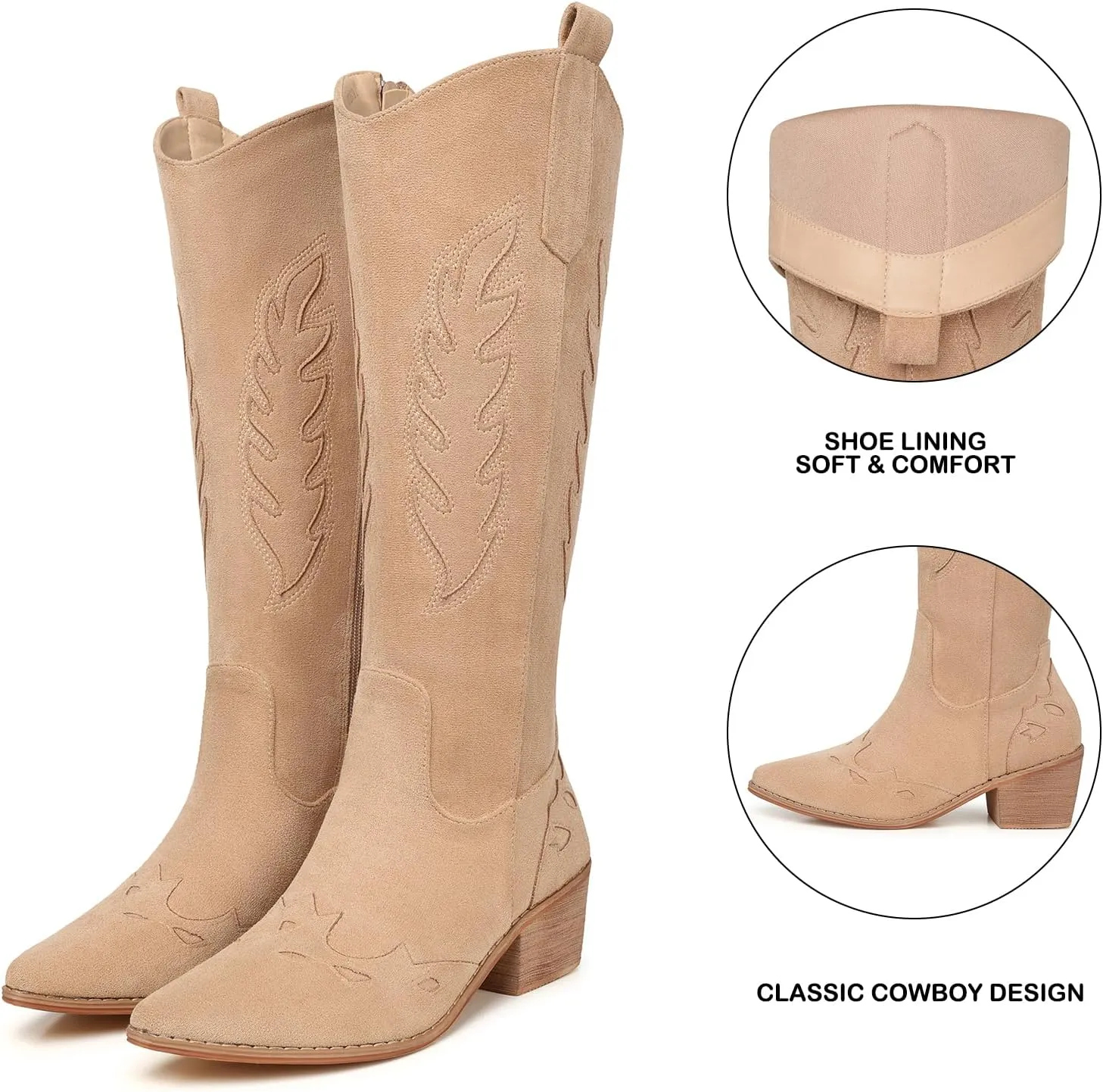 SHIBEVER Cowboy Boots for Women Knee High Suede Pointed Toe Cowgirl Boots Embroidered Pull-On Chunky Heel Western Boots