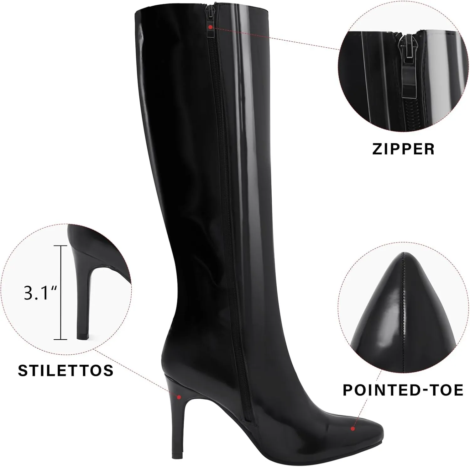 Shoe'N Tale Women's Knee High Boots Pointed Toe Stiletto High Heel Long Boots Side Zipper Tall Boots