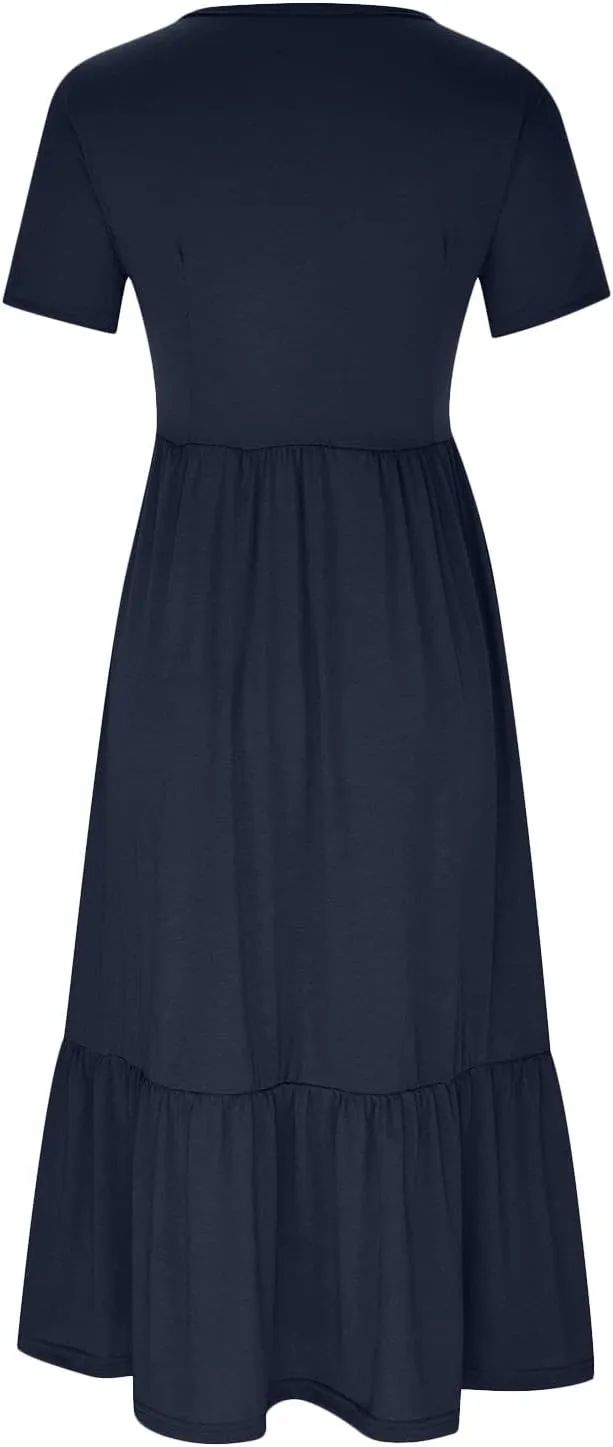 Short Sleeve Shirt Dresses for Women Dressy 2023 Casual Loose Ruffle Flowy Maxi Long Dress with Pockets