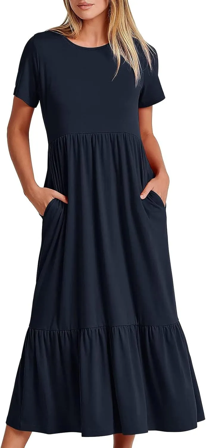 Short Sleeve Shirt Dresses for Women Dressy 2023 Casual Loose Ruffle Flowy Maxi Long Dress with Pockets