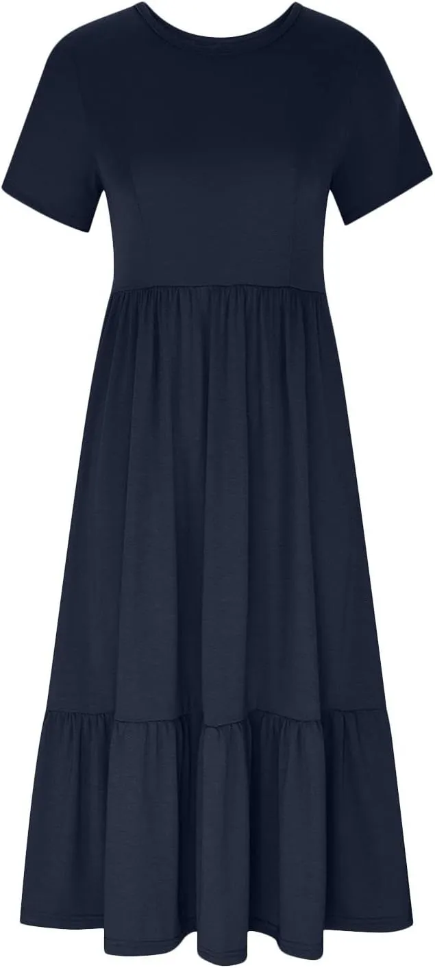 Short Sleeve Shirt Dresses for Women Dressy 2023 Casual Loose Ruffle Flowy Maxi Long Dress with Pockets